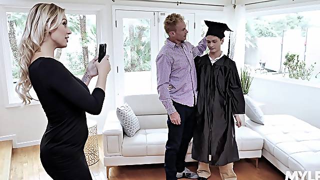 Freshly graduate step son receives mommy's pussy and tits