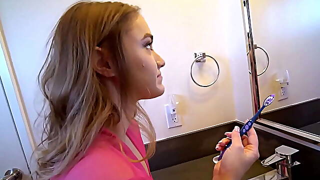 Young Blonde Teen Stepsister And Stepbrother Morning Bathroom Quickie