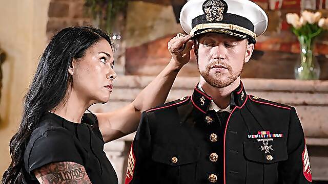 Asian COUGAR stepmother had stepson wear stepfather his military uniform