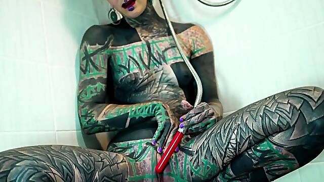 Heavily Tattooed Model Intense Anal Masturbation in the Shower