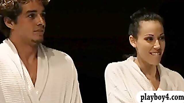 Two couples played pudding wrestling in inflatable pool