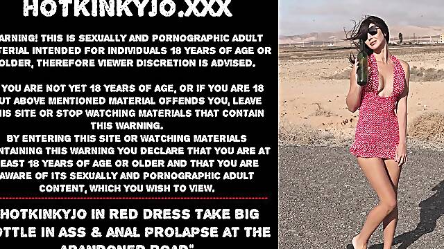 Hotkinkyjo in red costume take large bottle in butt & anal prolapse at the abandoned road