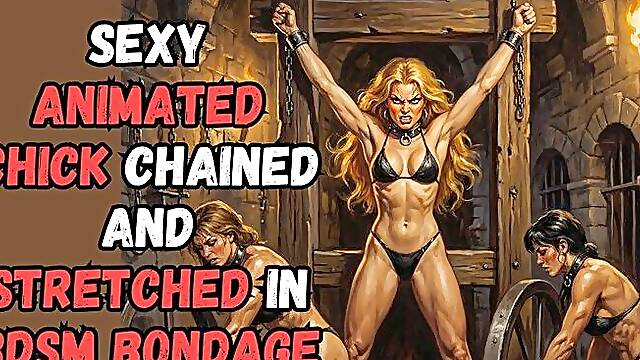 Sweaty muscled blonde animated babe is tied to a rack in the dungeon and stretched by two kinky fetishists in BDSM bondage