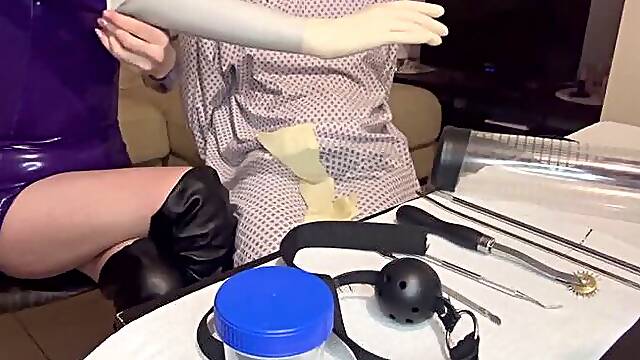 SADISTIC LATEX NURSE uses her TOYS to MILK AND SOUNDS PATIENTS COCK and URETHRA