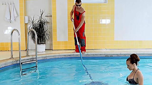 A couple has passionate sex by the pool with stunning Stacy Cruz